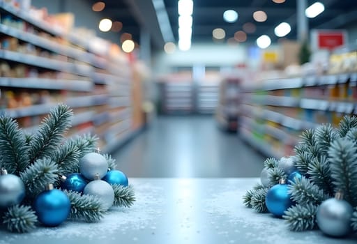 A cozy holiday store setting with an empty wooden table, beautifully decorated with fir branches, garlands, and white and blue Christmas ornaments. This background creates a festive, wintery atmosphere, ideal for showcasing products or holiday displays