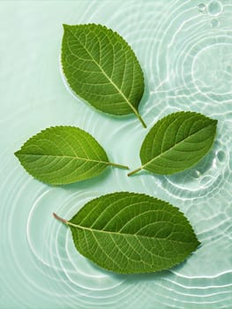 Green leaves on water surface. Beautiful water ripple background for product presentation. Copy space. Ai generated