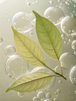 Green leaf floating in liquid among bubbles. Natural cosmetic laboratory and herbal medicine concept. Ai generated image