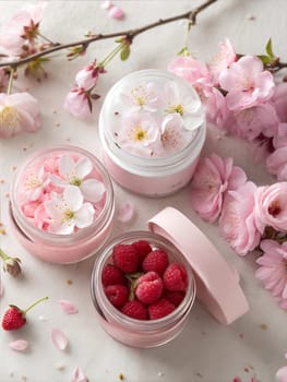 Natural face or body cream with cherry and raspberry extracts.Pink cream jars with cherry flowers and raspberry on white background. Ai generated image