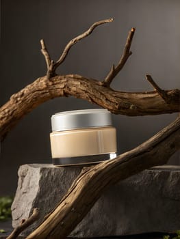 Cream container mockup on stone pedestal with dead wood. Natural cosmetic concept. Cosmetic product glass jar. Ai generated image