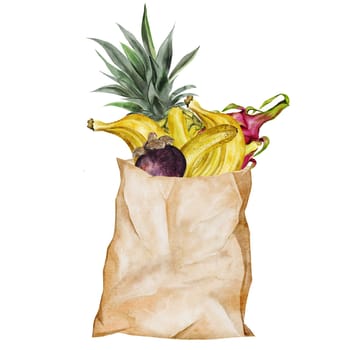 Paper bag with fruits watercolor. Hand drawn craft packaging with bananas, pineapple and darkonim fruit. Food clip art. Ideal for food stickers, posters of farm organic stores and design of nutritionist blogs. High quality illustration