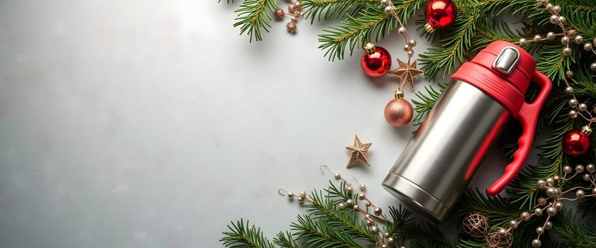 Thermos with fir branches, ornaments, and lights for a cozy Christmas atmosphere