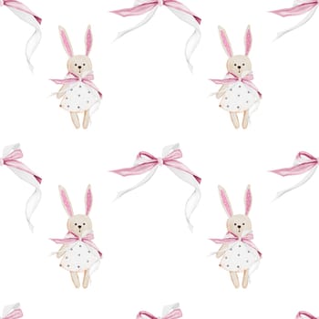 Nursery seamless patterns with cute bunny. Watercolor ornament with toys hand drawing. Illustration of a rabbit with a bow on a white background. Children's design. Ideal for children's textiles, diapers and underwear