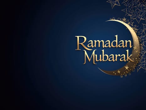 Elegant dark blue background with Ramadan Mubarak greeting and crescent moon design.