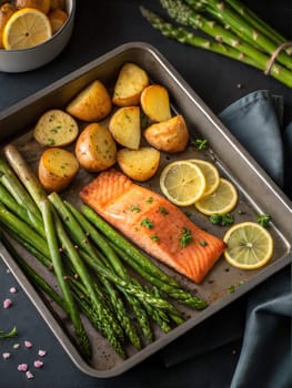 Salmon fillet with lemon, potato and asparagus baked in oven. Healthy food photo. Omega-3 source. Ai generate