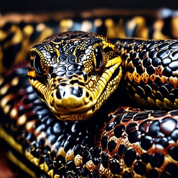 snake anaconda nature mammals, realistic photo image macro portrait yellow brown skin, wild tropical. High quality illustration