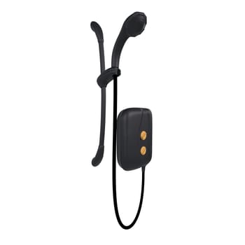 Detailed 3D rendering showcases a black headset with distinct features and sleek design.