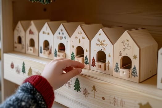 A hand of kid open wooden advent calendar for Christmas