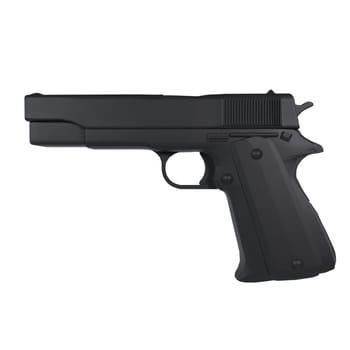 This 3D rendering displays a sleek, matte black modern handgun with detailed features.