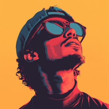 A modern abstract portrait featuring a man in sunglasses and a hat, illustrated with bold and vibrant color contrasts on a yellow background.
