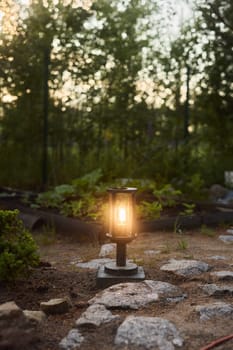 A softly glowing lantern, beautifully nestled among lush greenery, is casting a warm light in a tranquil garden setting