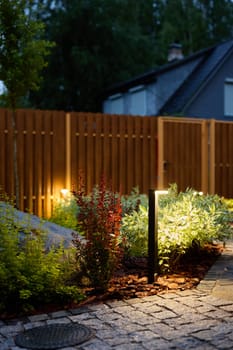 A beautifully illuminated garden pathway that is thoughtfully surrounded by lush greenery and modern wooden fencing