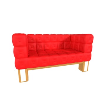 A stylish red sofa with a tufted design and wooden legs displayed in 3D rendering.