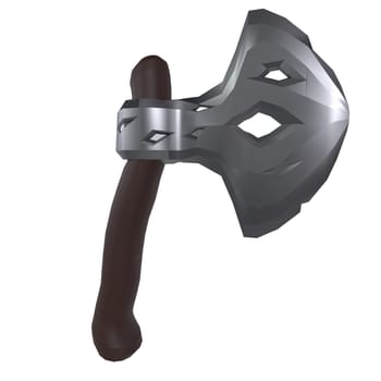 A beautifully crafted fantasy axe featuring a metallic blade and wooden handle, showcasing detail.