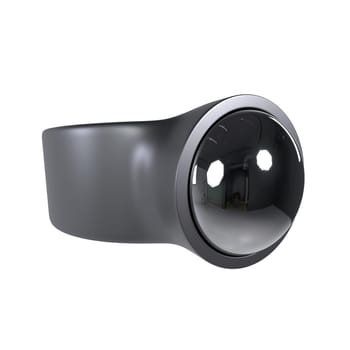 A modern, minimalist wearable device features a large reflective front surface.