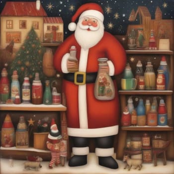 Santa Claus standing with bottle of grog, shelves with drinks, Christmas tree, house gifts, Merry Christmas, Happy New Year holiday. High quality illustration