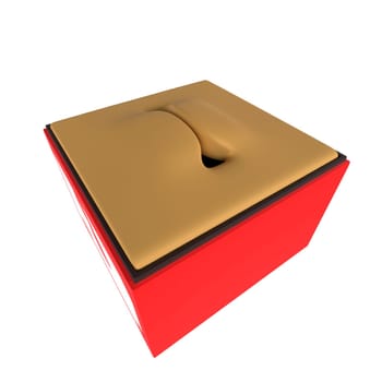 A red box features a distinct gold lid with a unique indentation on top.