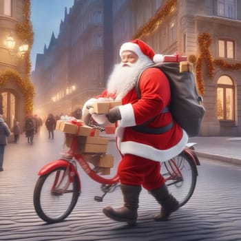 Santa Claus rides a bicycle, courier delivers gifts, merry christmas, happy new year holiday. High quality illustration