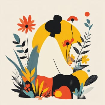 A modern, minimalist illustration of a woman sitting amidst vibrant flowers and foliage, blending nature and abstract design.