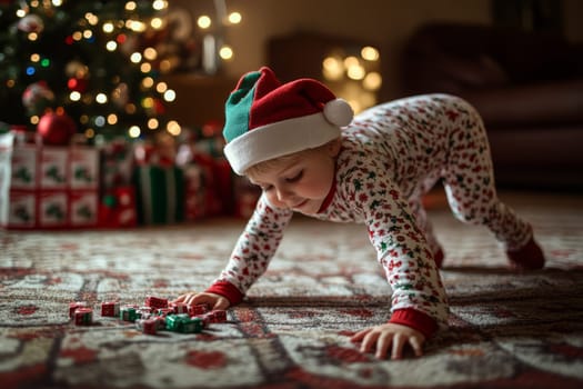 Boy in pajamas and Santa hat opening presents in the morning Christmas