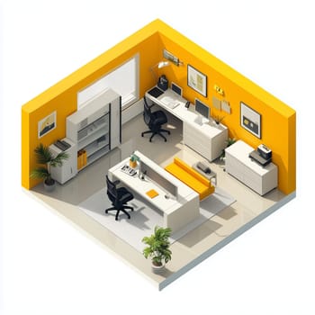 Illustration of a modern office setup featuring sleek furniture, shelves, indoor plants, and large windows, creating a professional and stylish atmosphere.