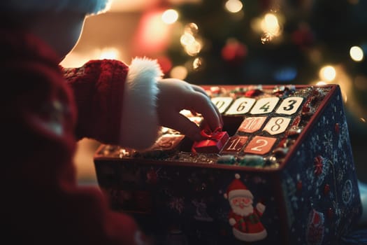 A hand of kid open vintage advent calendar for Christmas