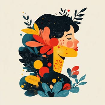 A colorful illustration of a woman's profile, surrounded by abstract floral elements, combining modern art and nature themes.