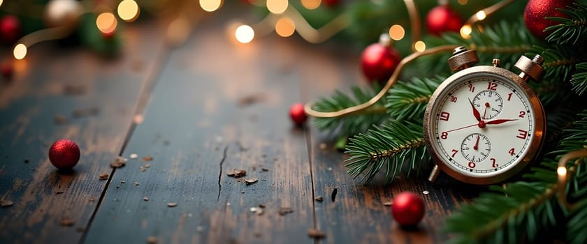 A wristwatch set against a festive Christmas background, featuring fir branches, ornaments, and warm lights. This image brings together the holiday spirit with a sense of timelessness and warmth