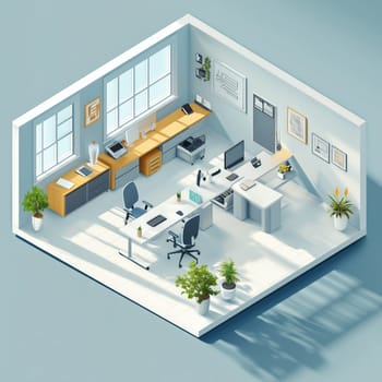 Illustration of a modern office setup featuring sleek furniture, shelves, indoor plants, and large windows, creating a professional and stylish atmosphere.