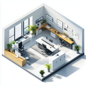 Illustration of a modern office setup featuring sleek furniture, shelves, indoor plants, and large windows, creating a professional and stylish atmosphere.
