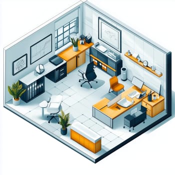 Illustration of a modern office setup featuring sleek furniture, shelves, indoor plants, and large windows, creating a professional and stylish atmosphere.