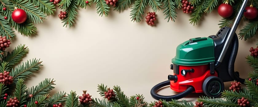 Vacuum cleaner with fir branches, ornaments, and lights for a festive Christmas feel