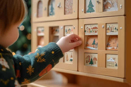 A hand of kid open wooden advent calendar for Christmas