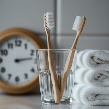 Eco-friendly bamboo toothbrushes in a glass, paired with a clock and folded white towels, promoting sustainable and minimalist bathroom essentials.