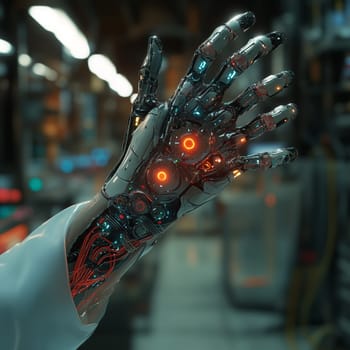 Close-up of a high-tech robotic hand with illuminated circuits, symbolizing advanced technology and artificial intelligence in a futuristic setting.