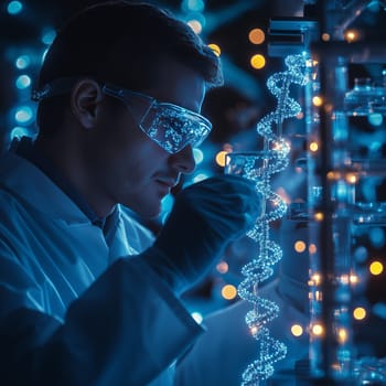 A focused scientist in a lab coat and goggles examining a glowing DNA helix in a futuristic laboratory setting, representing biotechnology and genetic research.