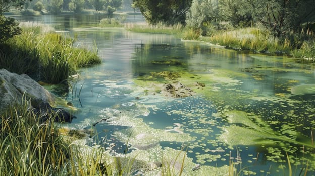 A Photorealistic Depiction Of A River Or Lake Affected by toxic algae