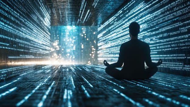 Man meditating in a digital void, code and data streaming around him