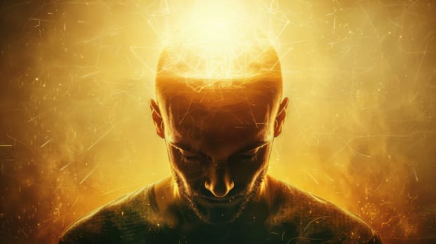 Man with glowing head and face, radiating light, symbolizing enlightenment and inner peace