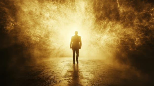 Metaphorical image of a man shedding layers of darkness as he steps into light