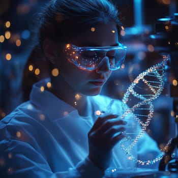 A focused female scientist wearing goggles examines a glowing DNA helix in a futuristic laboratory, symbolizing genetic research and biotechnology.