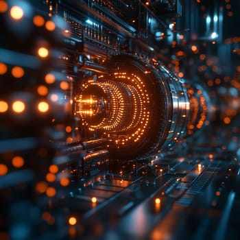 High-tech futuristic circuit board illuminated with vibrant orange and blue lights, showcasing a sci-fi inspired design and technological innovation.
