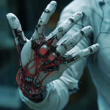 Close-up of a high-tech robotic hand with illuminated circuits, symbolizing advanced technology and artificial intelligence in a futuristic setting.