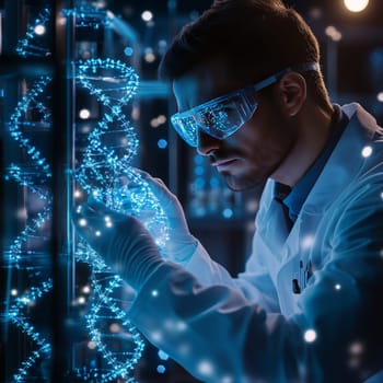 A focused scientist in a lab coat and goggles examining a glowing DNA helix in a futuristic laboratory setting, representing biotechnology and genetic research.