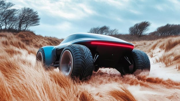 Futuristic electric suv is speeding through sand dunes on a beach, kicking up a cloud of dust as it navigates the challenging terrain