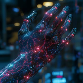 Close-up of a high-tech robotic hand with illuminated circuits, symbolizing advanced technology and artificial intelligence in a futuristic setting.