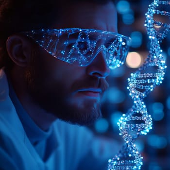 A focused scientist in a lab coat and goggles examining a glowing DNA helix in a futuristic laboratory setting, representing biotechnology and genetic research.