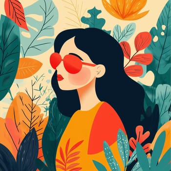 Vibrant illustration of a woman wearing red sunglasses, surrounded by lush, colorful leaves, depicting a modern and artistic nature-inspired design.