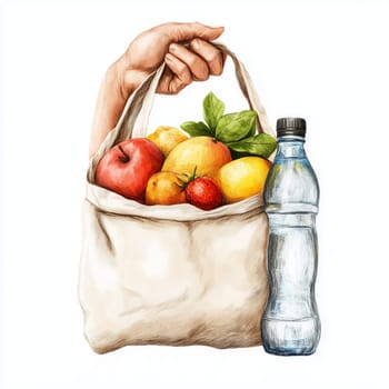 Illustration of a hand holding a reusable bag filled with fruits and a water bottle, promoting eco-friendly and healthy living.